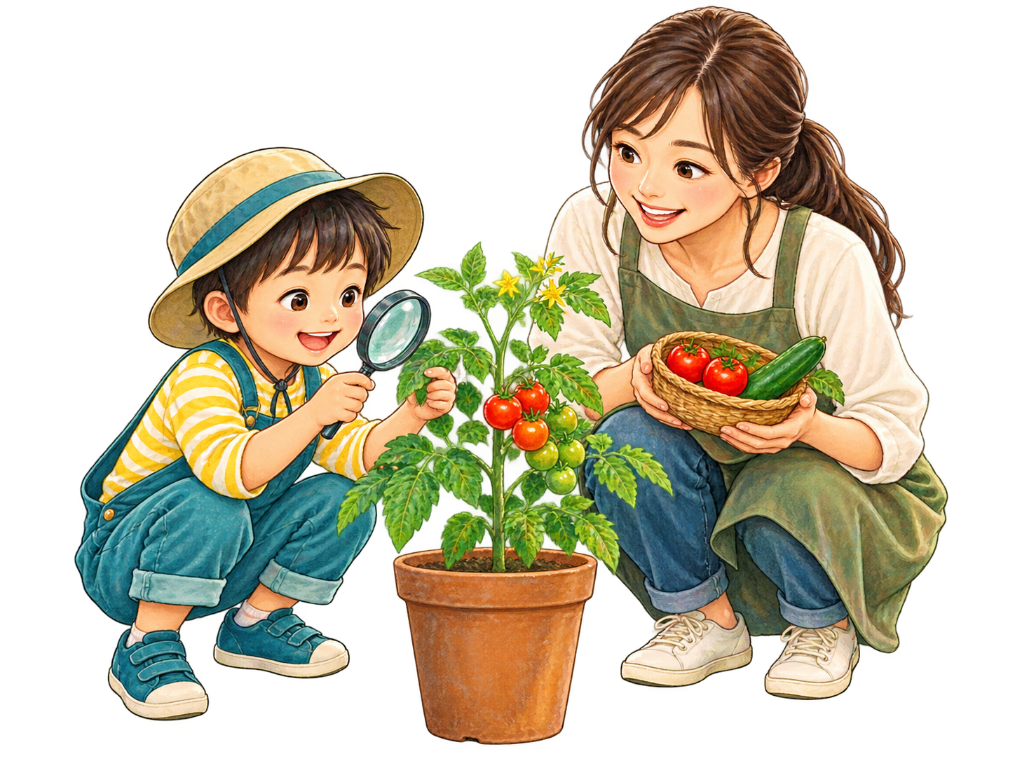 トマトの育ち方を親子で観察するイラスト