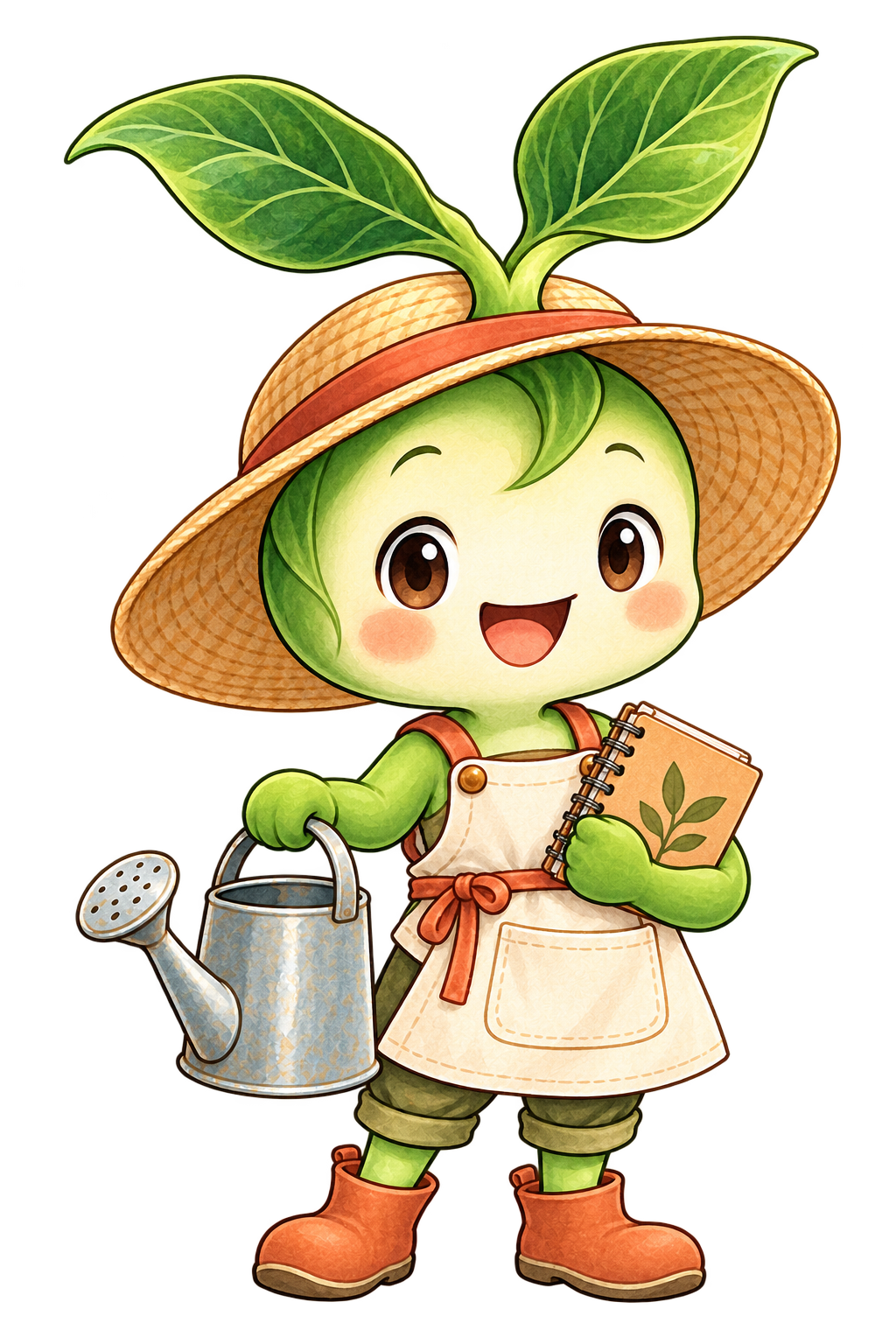 麦わら帽子とエプロンを着け、じょうろと観察ノートを持つ芽の案内キャラクター