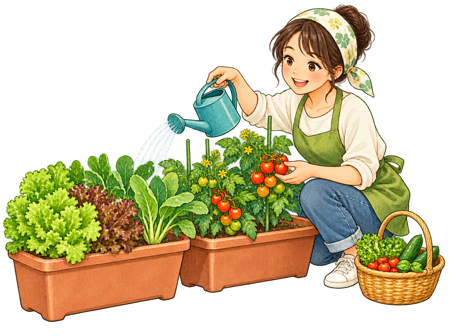 プランターの野菜に水やりをする女性のイラスト（AI生成）